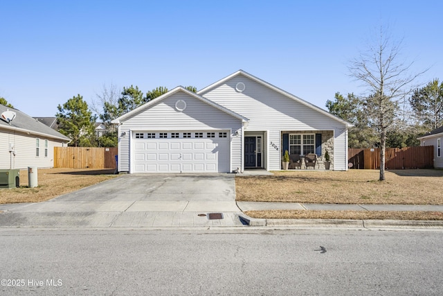 ranch-style home with a garage and a front yard