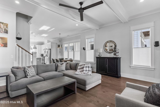 living room with beamed ceiling, ceiling fan, and dark hardwood / wood-style flooring