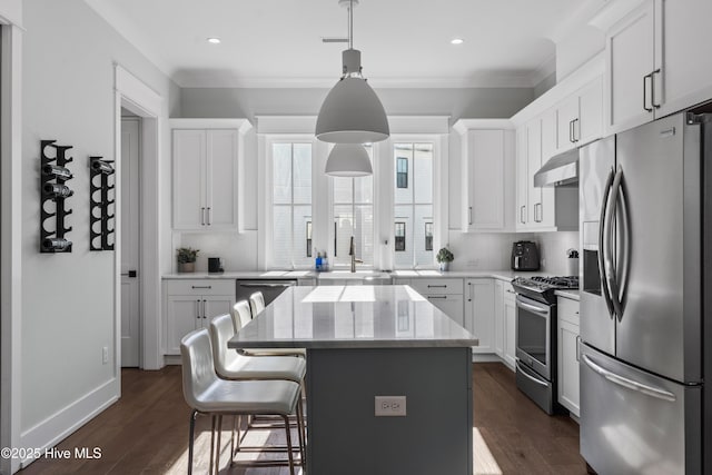 kitchen with ornamental molding, under cabinet range hood, a center island, stainless steel appliances, and decorative backsplash