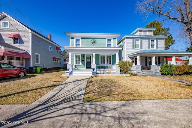 view of front of home featuring a porch and a front lawn