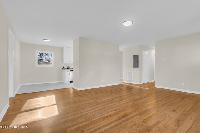 unfurnished living room with electric panel and light hardwood / wood-style flooring