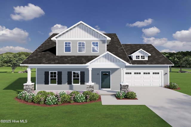 craftsman-style home featuring a porch and a front lawn