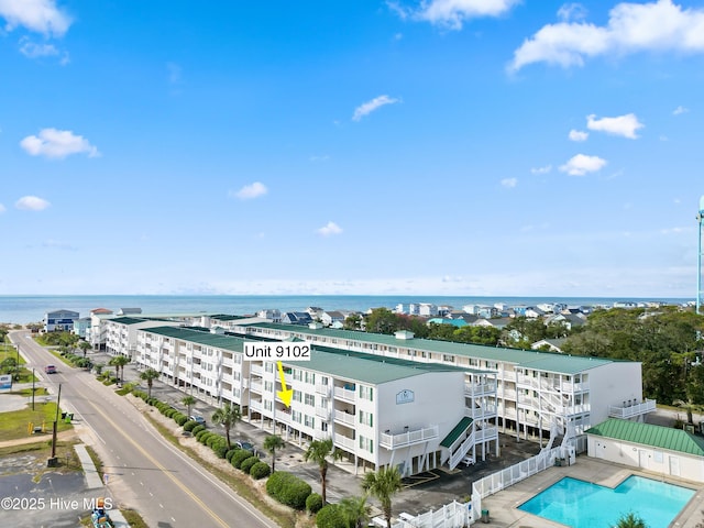 drone / aerial view featuring a water view