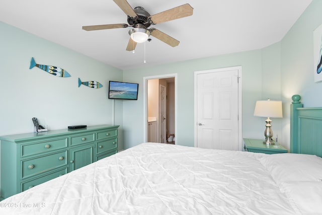 bedroom with ceiling fan and ensuite bathroom