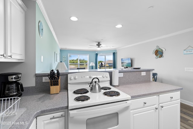 kitchen featuring electric stove, dark wood-type flooring, ceiling fan, ornamental molding, and white cabinets