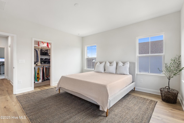 bedroom featuring a walk in closet, a closet, and light wood-type flooring