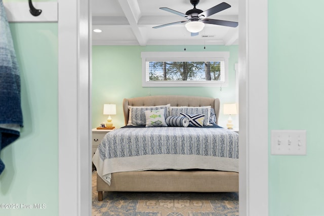 bedroom with beamed ceiling, coffered ceiling, and ceiling fan