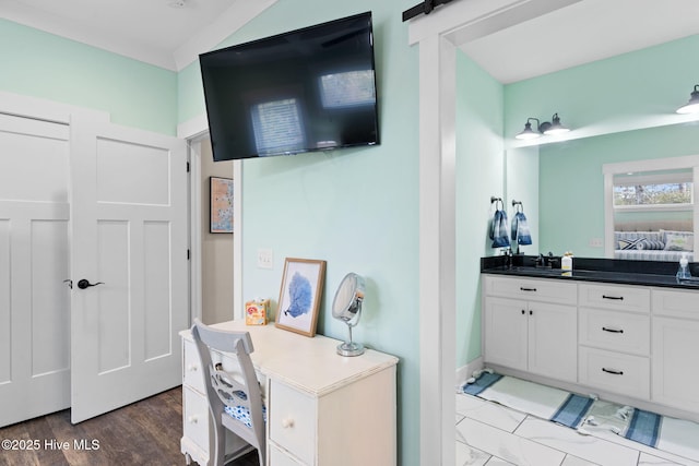 bathroom featuring vanity and wood-type flooring