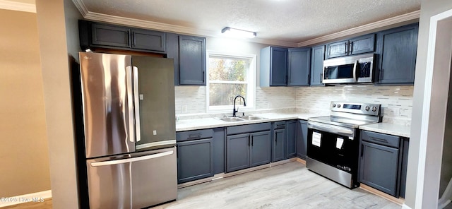 kitchen with appliances with stainless steel finishes, sink, light wood-type flooring, ornamental molding, and a textured ceiling