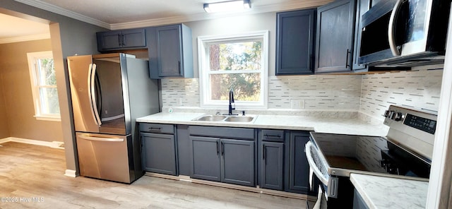 kitchen featuring crown molding, appliances with stainless steel finishes, sink, and a healthy amount of sunlight