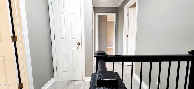 corridor with crown molding and light hardwood / wood-style flooring