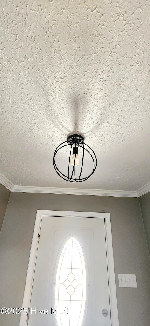 interior details with crown molding and a textured ceiling