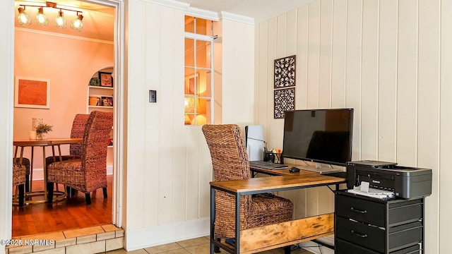 office space featuring light tile patterned flooring and ornamental molding