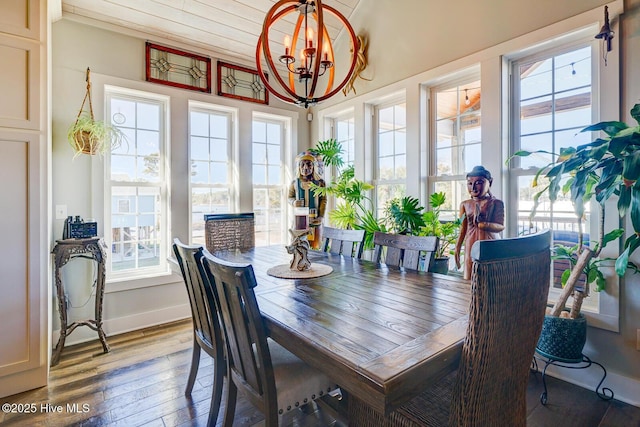 dining space with dark hardwood / wood-style flooring and a notable chandelier