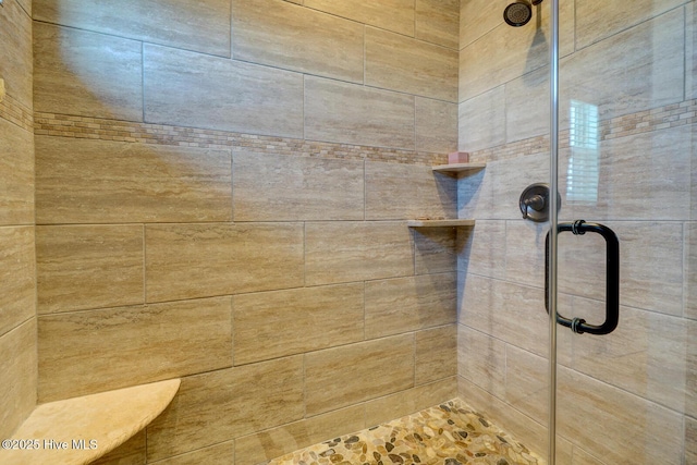 bathroom featuring a shower with shower door