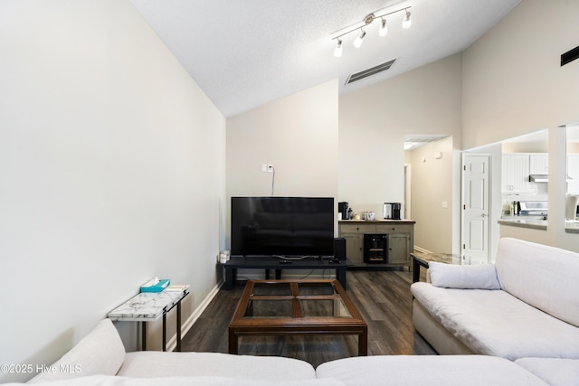 living room with dark hardwood / wood-style flooring and high vaulted ceiling