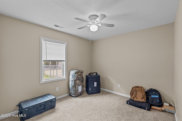 miscellaneous room with ceiling fan, a textured ceiling, and carpet