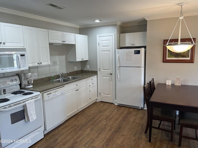 kitchen featuring decorative light fixtures, sink, white cabinets, dark hardwood / wood-style flooring, and white appliances