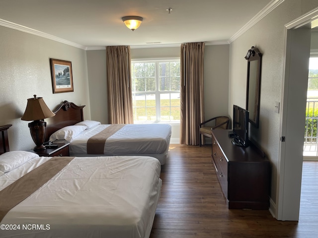 bedroom featuring crown molding, dark hardwood / wood-style floors, and multiple windows