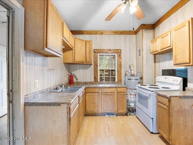 kitchen with gas water heater, sink, ceiling fan, white range with electric cooktop, and light wood-type flooring