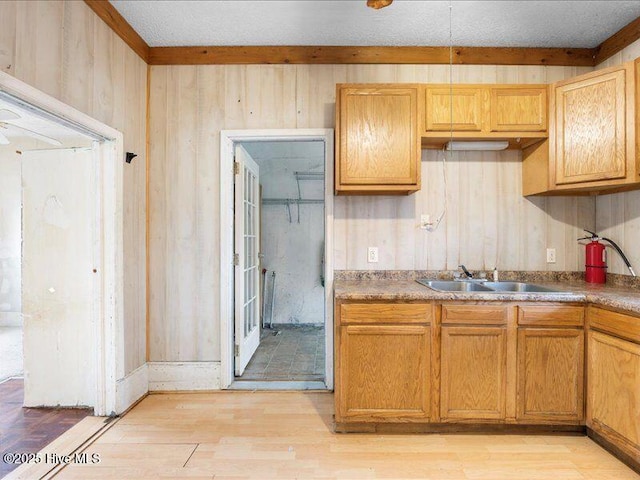 kitchen featuring sink, wooden walls, and light hardwood / wood-style flooring