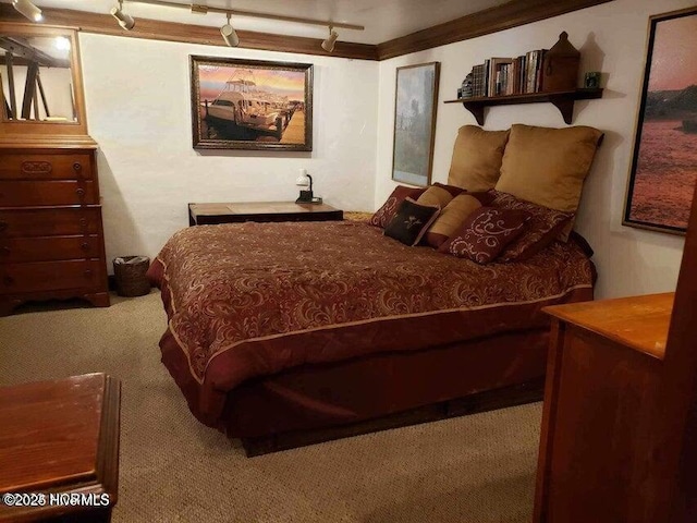 carpeted bedroom featuring rail lighting