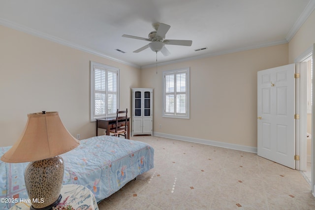 bedroom featuring crown molding, ceiling fan, and multiple windows