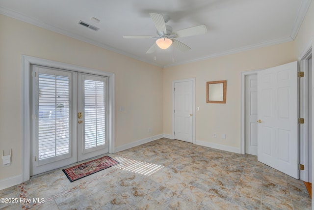 empty room with crown molding, ceiling fan, and french doors