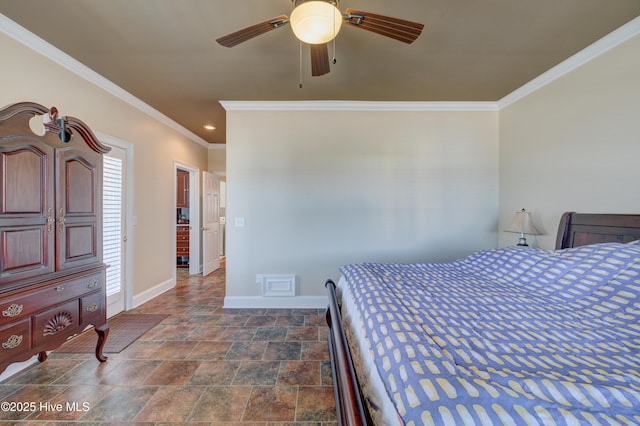 bedroom featuring crown molding and ceiling fan