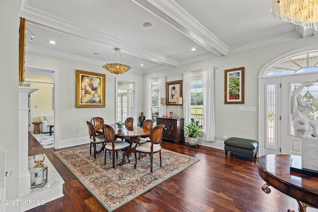 dining space with beamed ceiling, ornamental molding, and dark hardwood / wood-style flooring