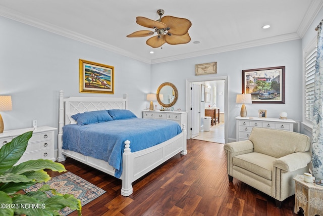 bedroom featuring dark wood-type flooring, ceiling fan, and crown molding