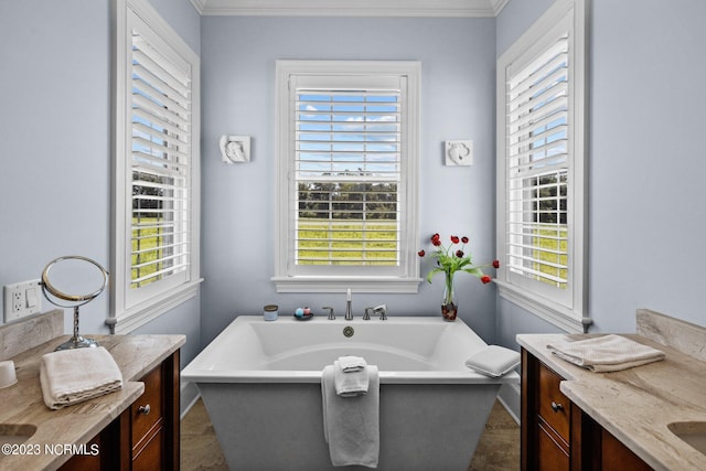 bathroom featuring ornamental molding, vanity, and a bathtub