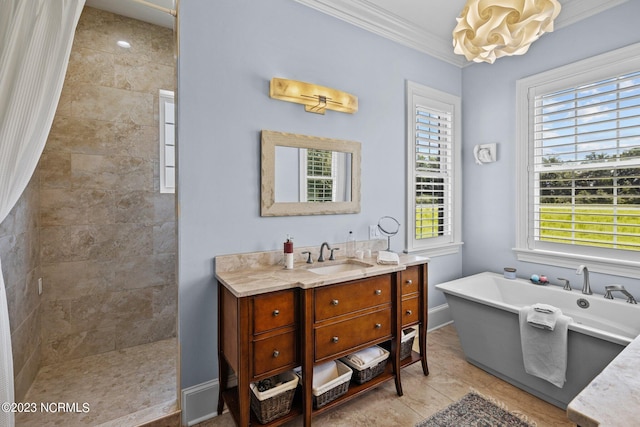 bathroom featuring tile patterned flooring, vanity, ornamental molding, independent shower and bath, and a chandelier