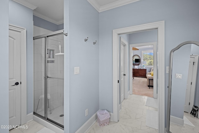 bathroom featuring crown molding and walk in shower