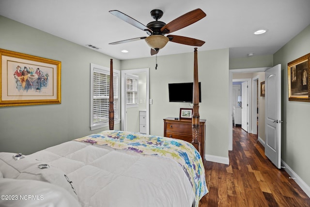 bedroom with dark wood-type flooring and ceiling fan