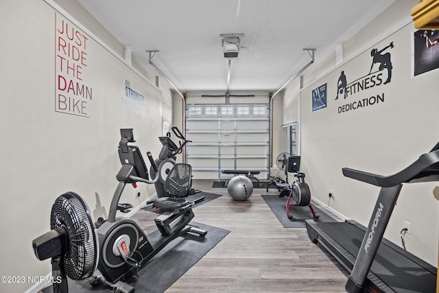 exercise area featuring hardwood / wood-style flooring