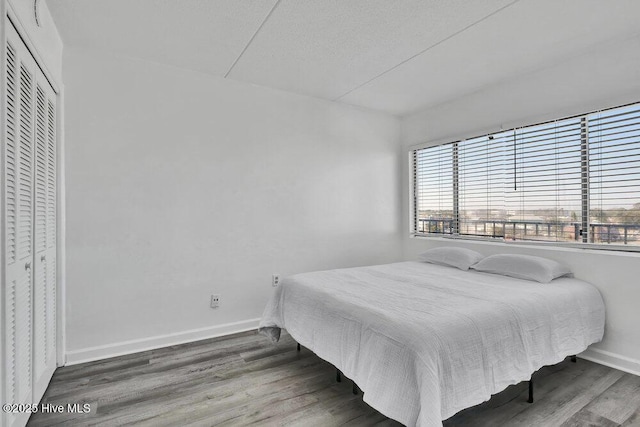 bedroom with hardwood / wood-style flooring and a closet