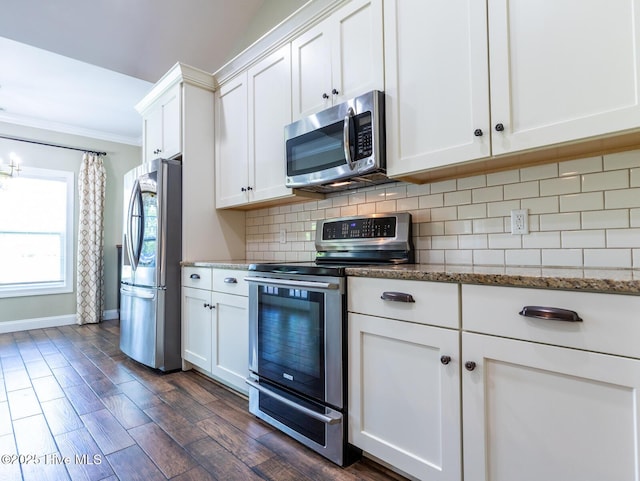 214 Admiral Ct, Sneads Ferry, NC 28460 - kitchen featuring stainless steel appliances, white cabinetry, tasteful backsplash, stone countertops, and crown molding
