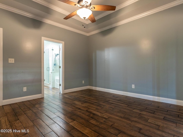 214 Admiral Ct, Sneads Ferry, NC 28460 - empty room with dark wood-style flooring, crown molding, ceiling fan, and a tray ceiling