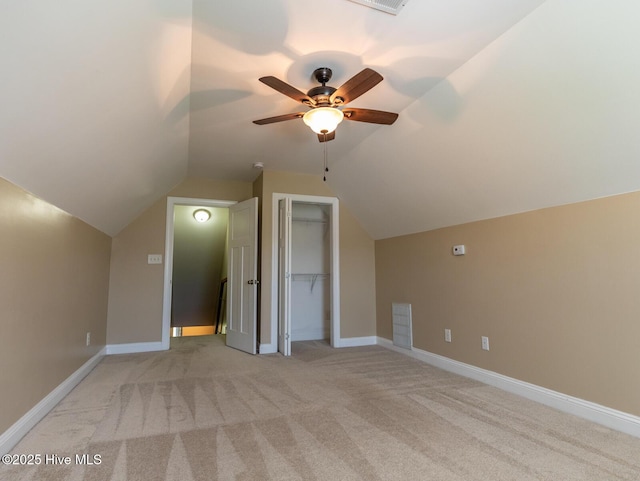 214 Admiral Ct, Sneads Ferry, NC 28460 - additional living space with lofted ceiling, a ceiling fan, and light colored carpet