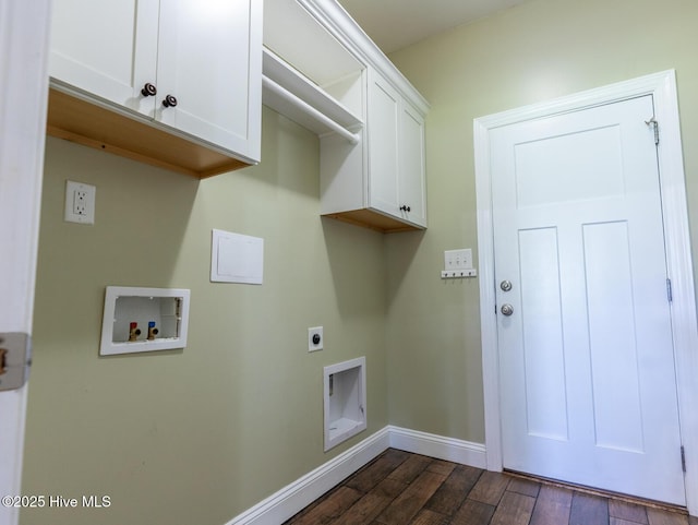 214 Admiral Ct, Sneads Ferry, NC 28460 - laundry room featuring electric dryer hookup, cabinet space, hookup for a washing machine, and dark wood-style flooring
