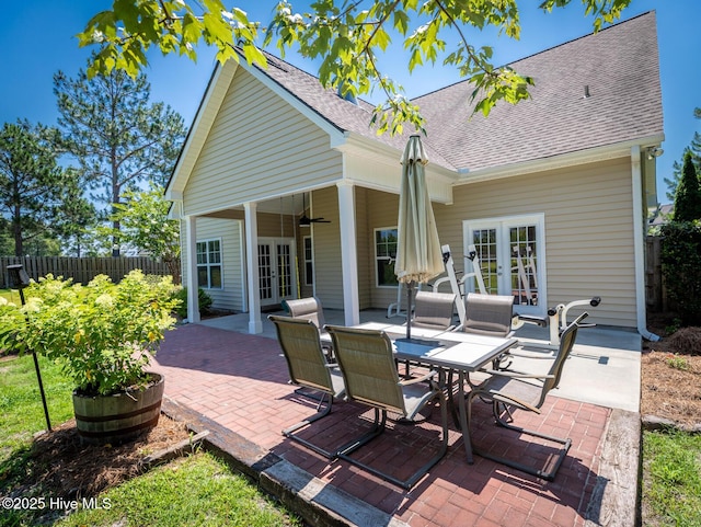 214 Admiral Ct, Sneads Ferry, NC 28460 - view of patio / terrace with french doors, a ceiling fan, and outdoor dining space