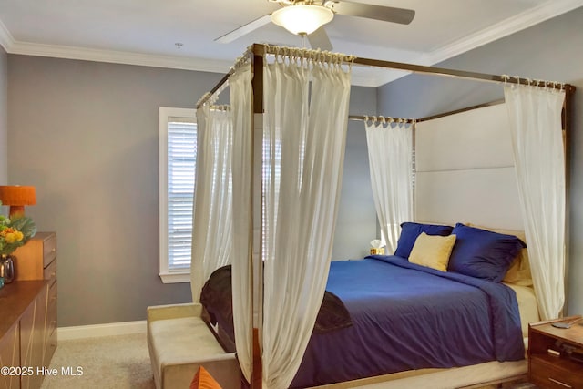 bedroom with crown molding, light carpet, and ceiling fan