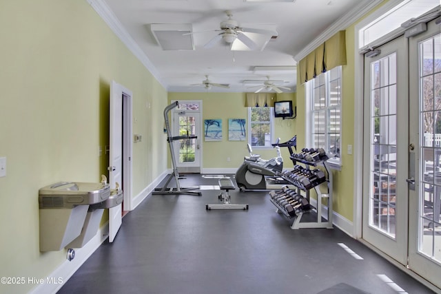 exercise room with ornamental molding