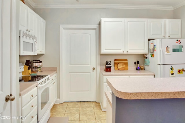 kitchen featuring white cabinets, ornamental molding, light tile patterned floors, kitchen peninsula, and white appliances