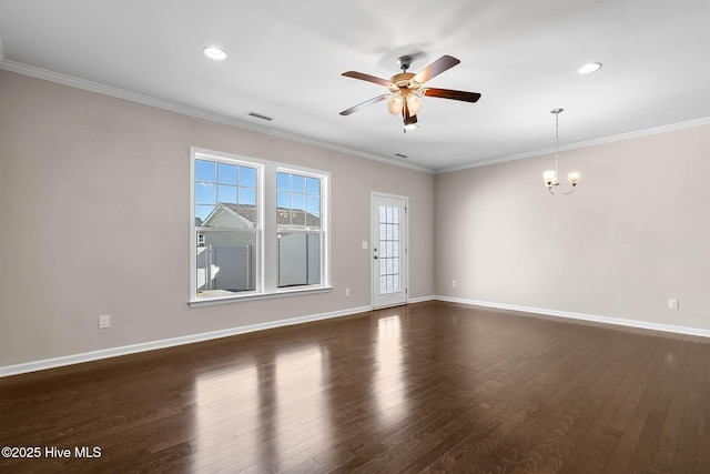 unfurnished room featuring crown molding, ceiling fan with notable chandelier, and dark hardwood / wood-style floors