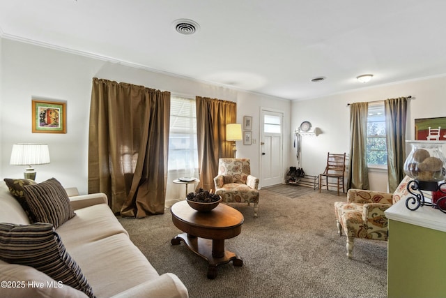 living room featuring crown molding and light colored carpet