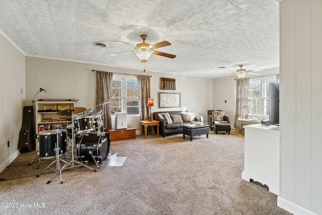 interior space featuring carpet floors, a textured ceiling, plenty of natural light, and ceiling fan