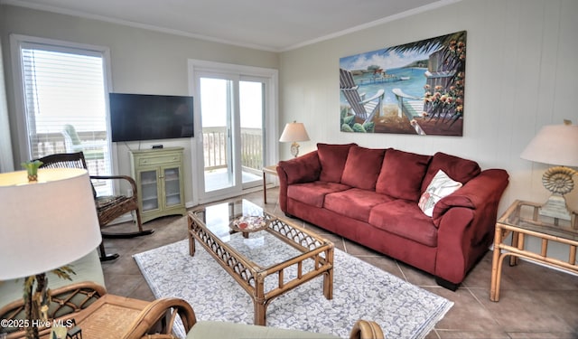 tiled living room with crown molding