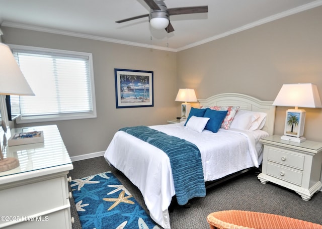 carpeted bedroom featuring ornamental molding and ceiling fan